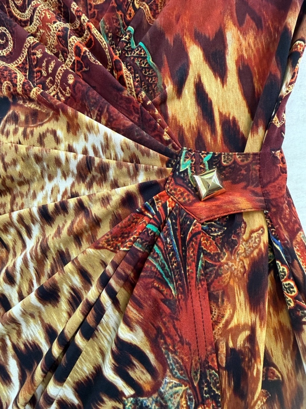 Vintage Cache Leopard Paisley Ruched Faux Wrap Dress Medium - Picture 10 of 14